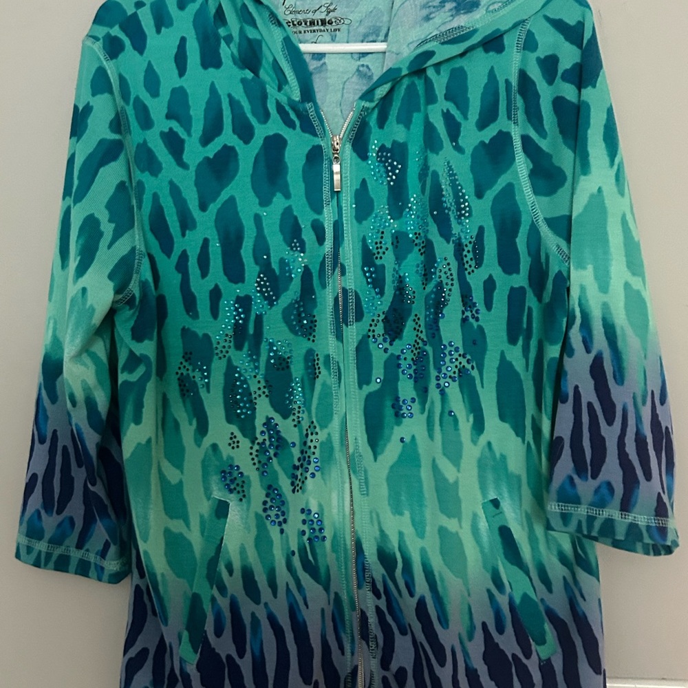 Sale $10! Knit spring jacket with hood turquoise green